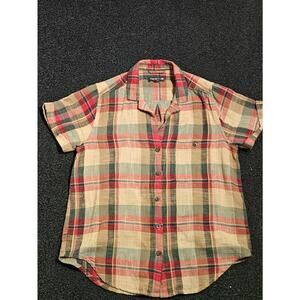 Toad&Co Beige Red Green Linen Plaid Short Sleeve Button-Up Point Collar Men's XS